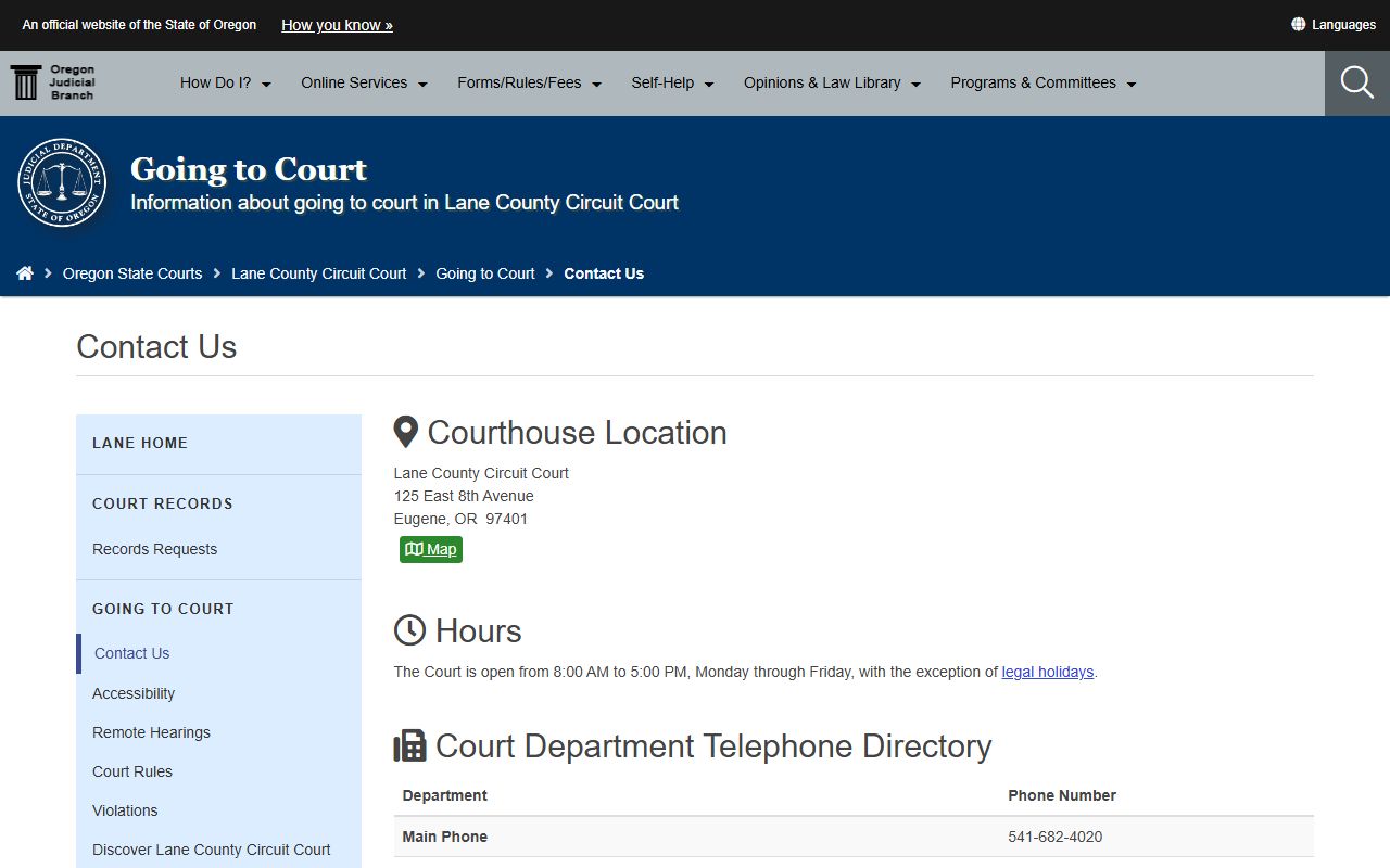 Lane County Circuit Court contact directory for Lane County court records questions