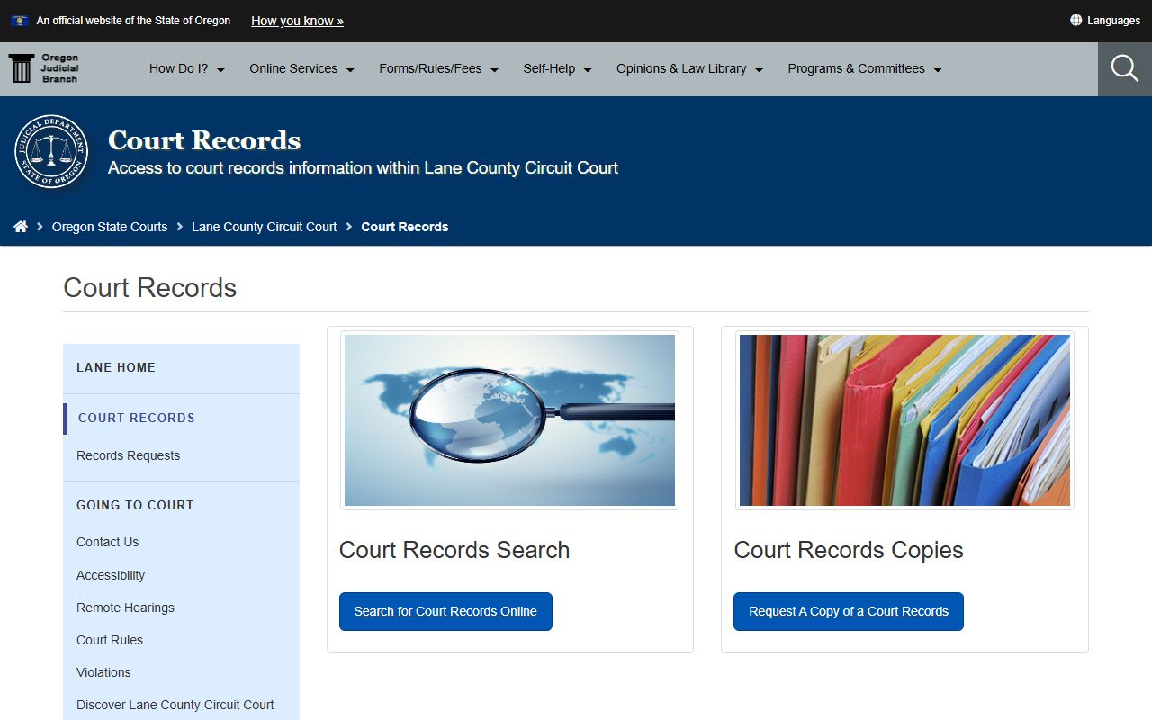 Lane County court records search page on the Oregon Judicial Department site