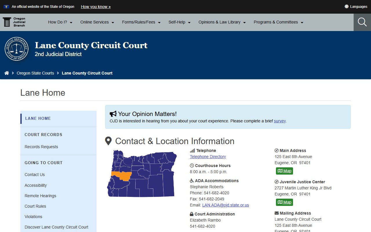 Lane County Circuit Court home page for Lane County court records and services