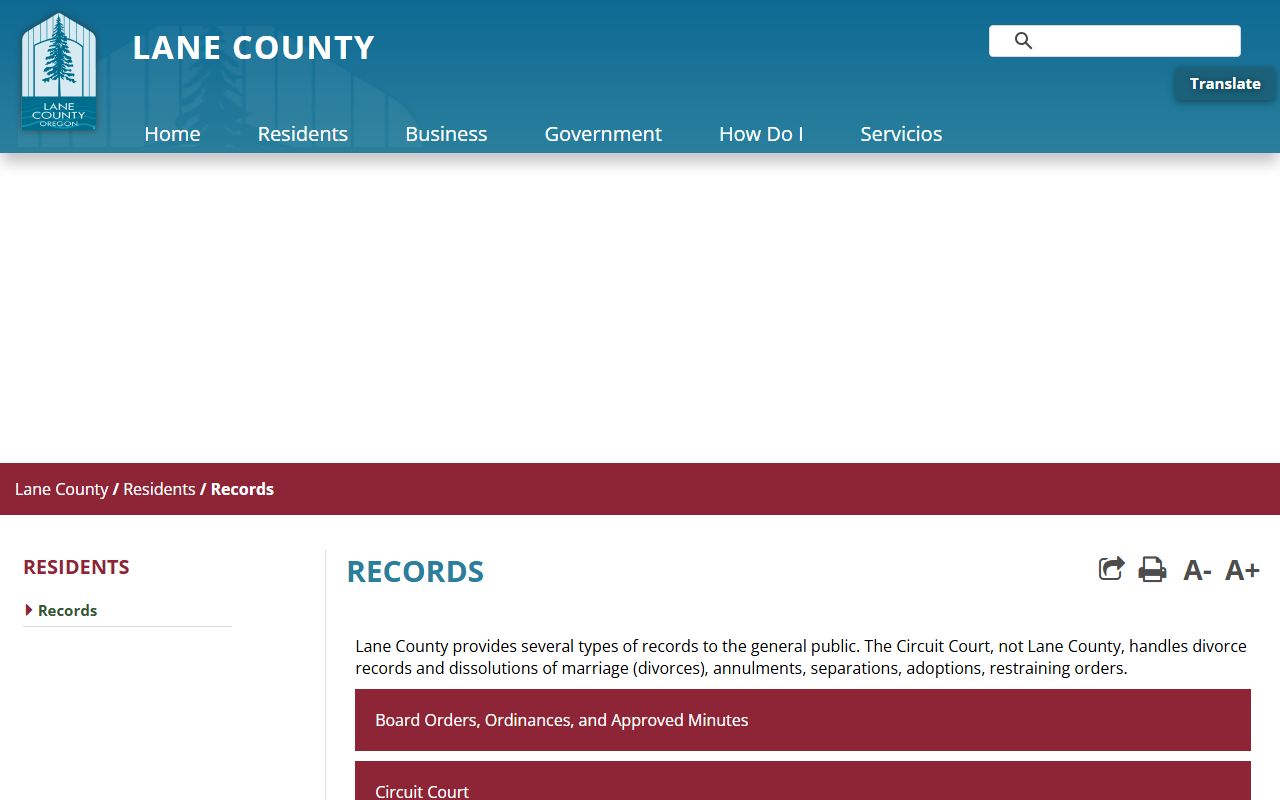 Lane County records landing page describing county versus court records
