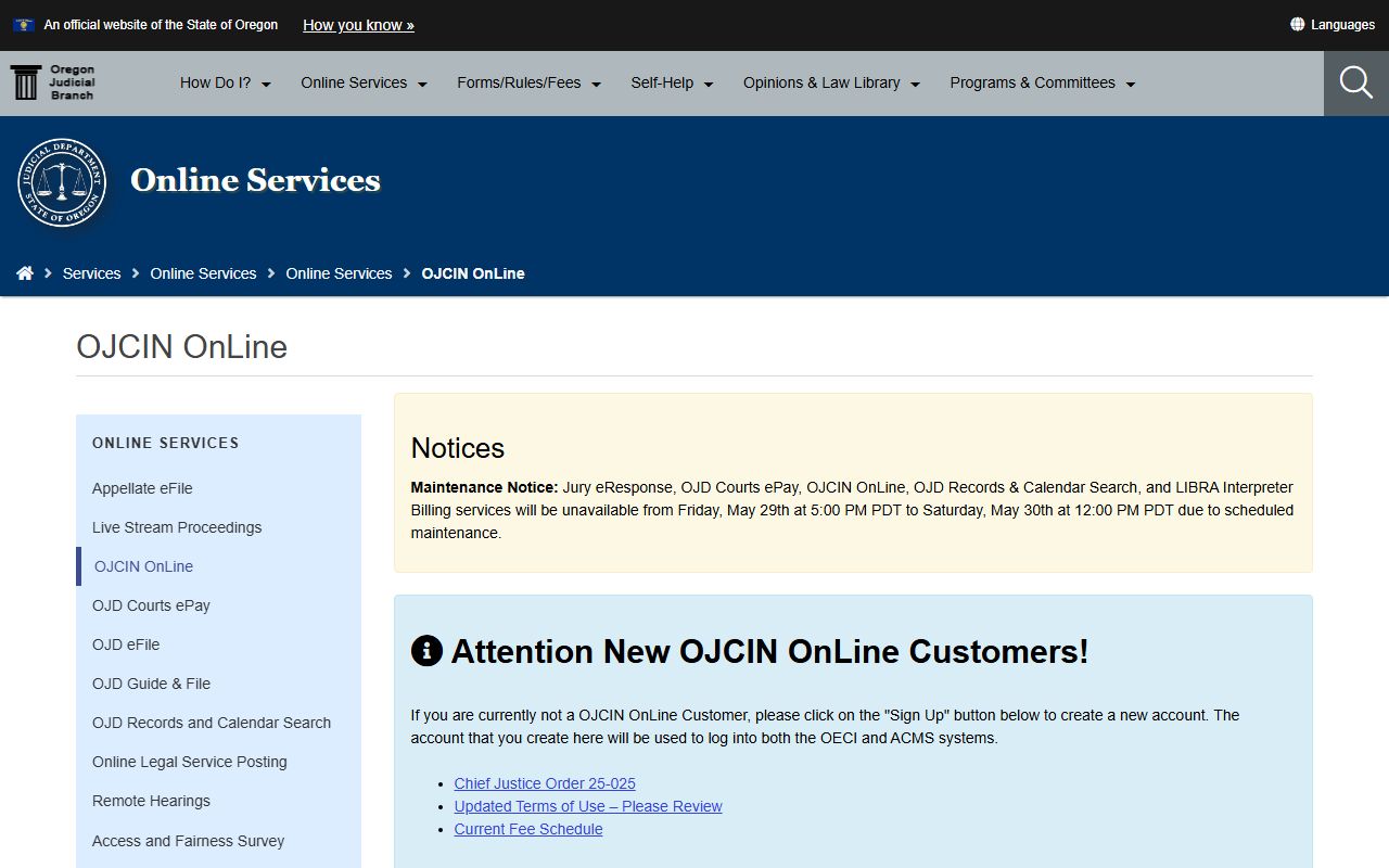 OJCIN Online subscriber records service page for Lane County court records