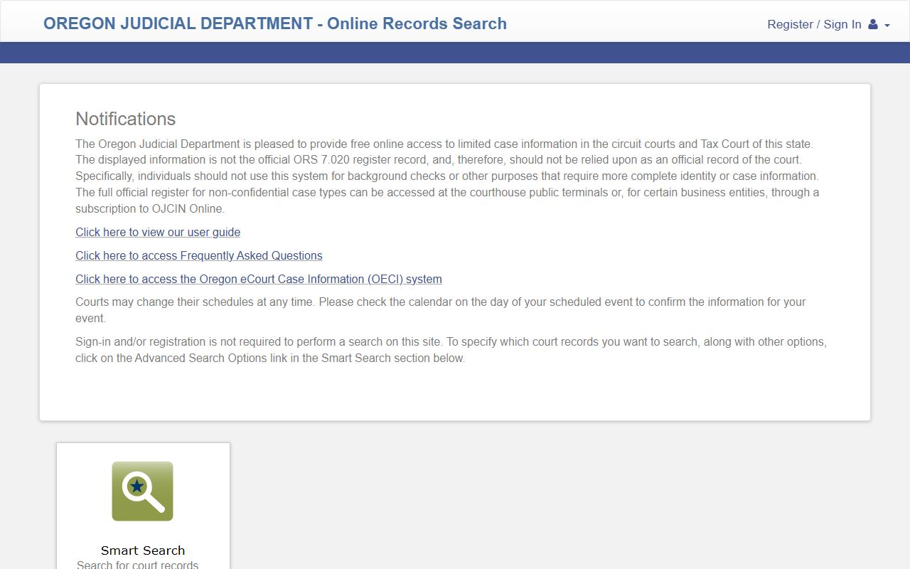 Oregon Judicial Department Online Records Search portal used for Lane County court records