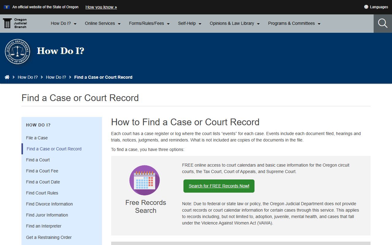 Oregon Judicial Department find a case or court record page for Lane County court records