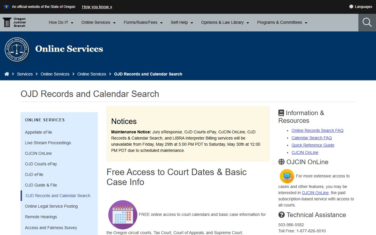 Oregon Judicial Department records and calendar search for Lane County court dockets