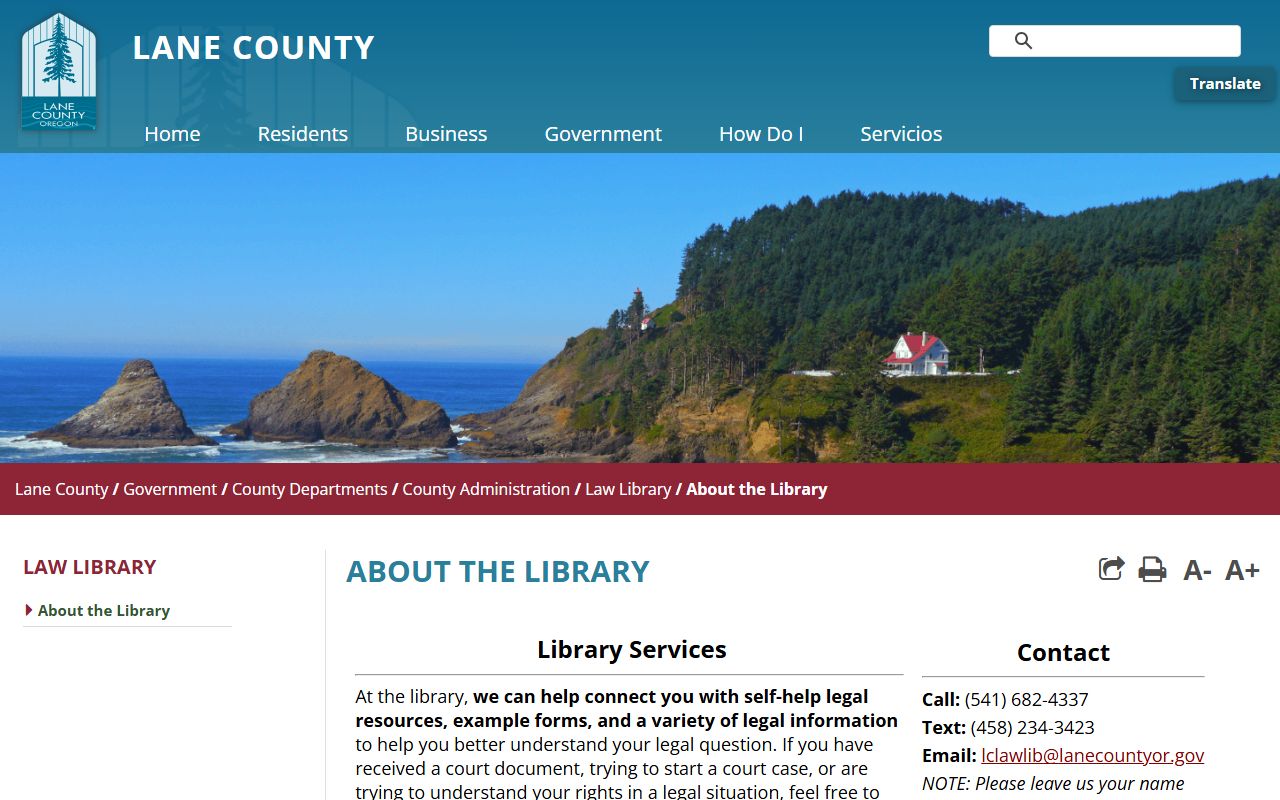 Lane County Law Library page tied to Lane County Clerk of Court self-help