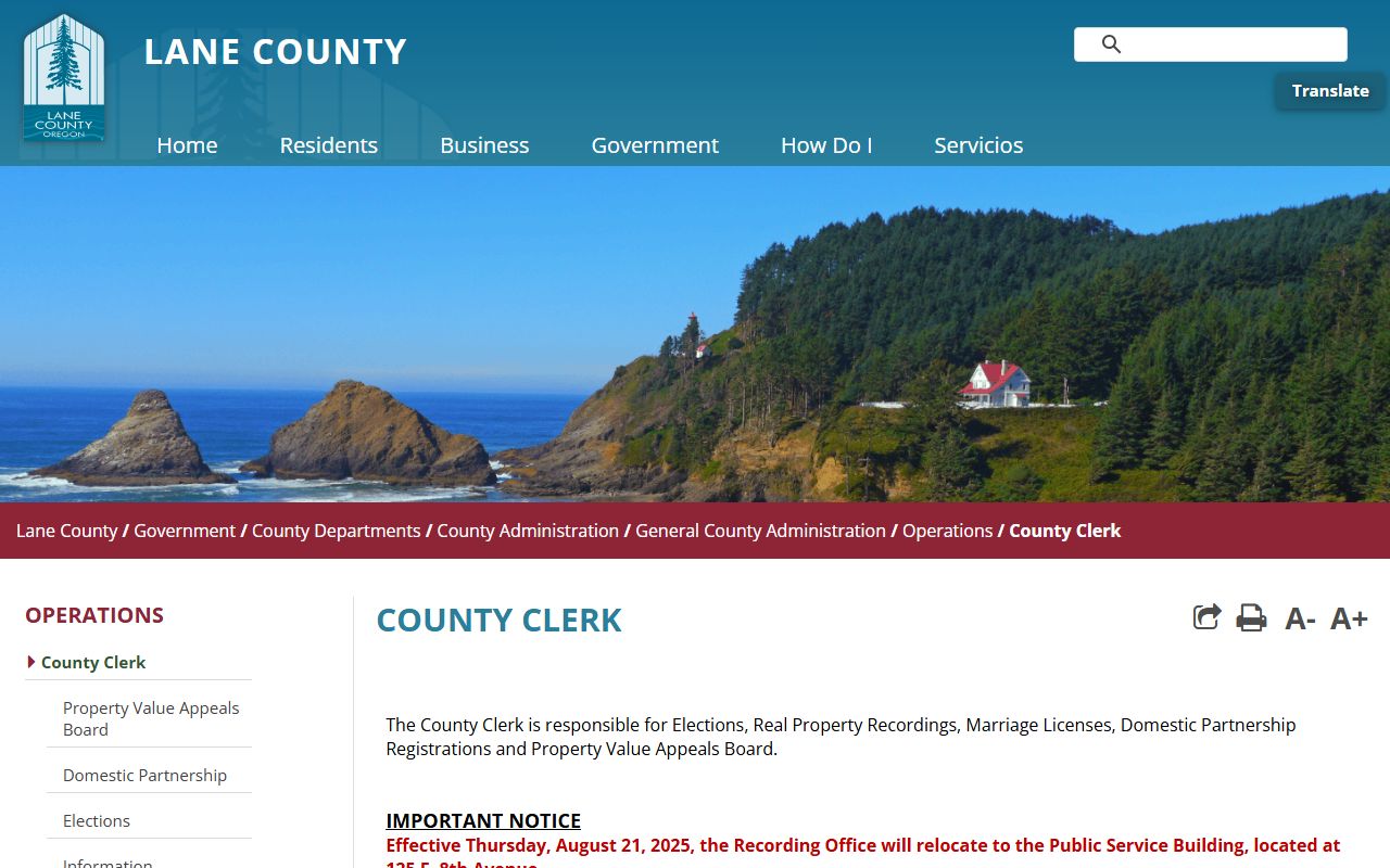 Lane County Clerk page listing recording, elections, and marriage records