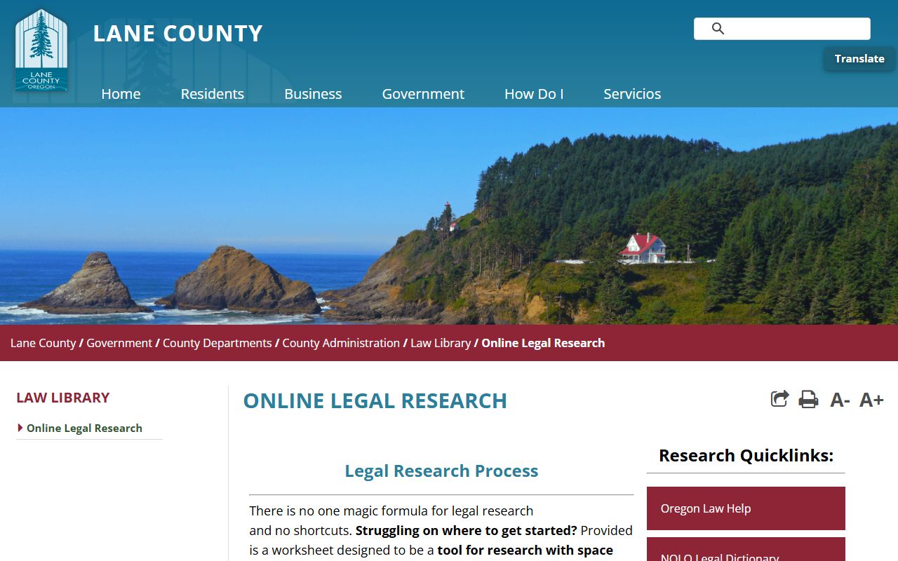 Lane County Law Library online legal research page for court records help