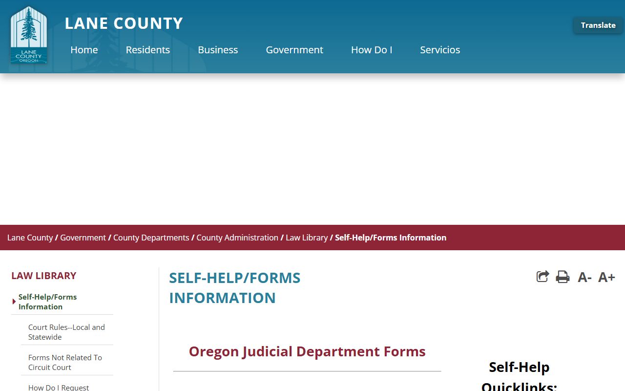 Lane County Law Library self-help and forms page for court records