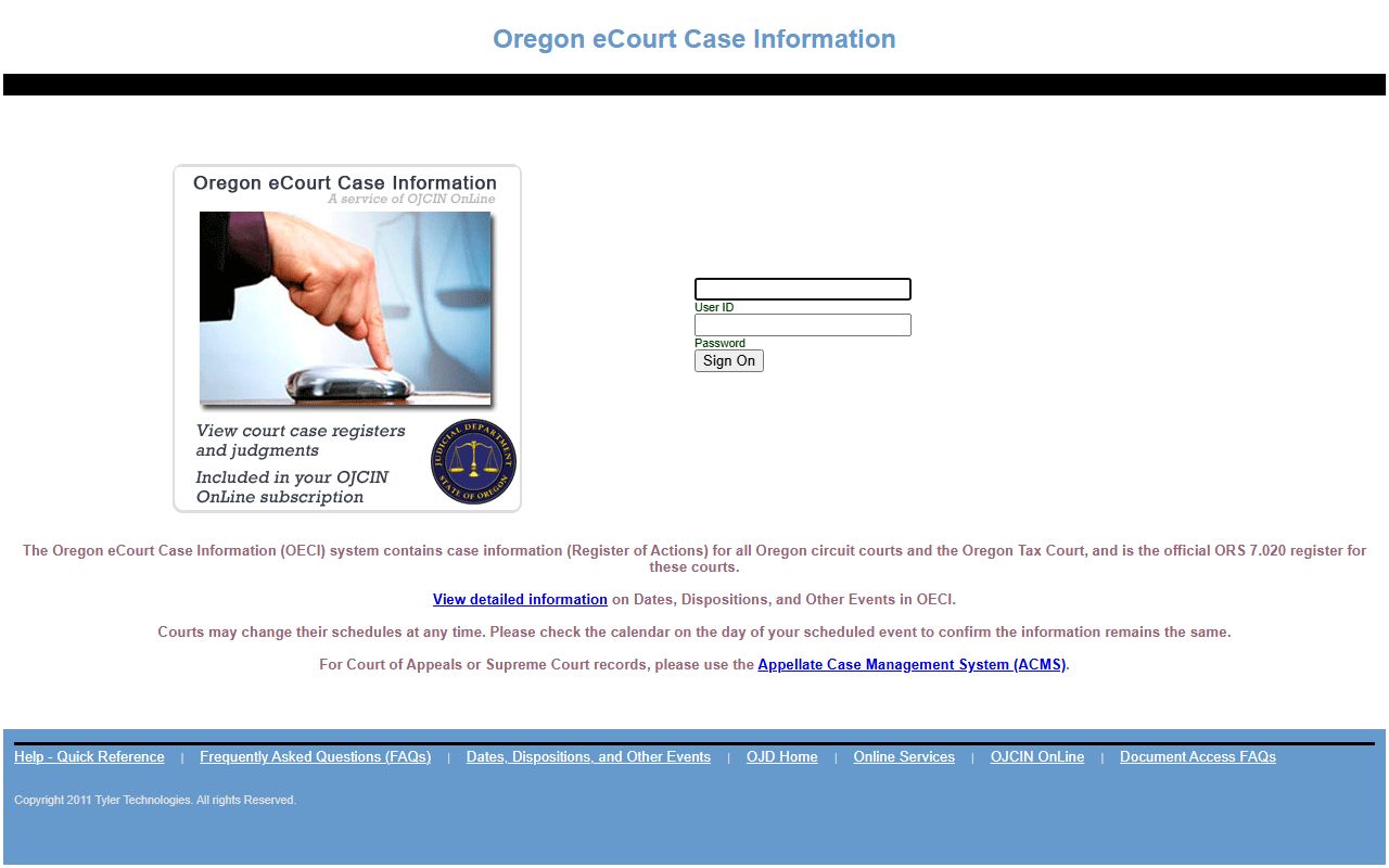 OECI public access login page for the official Lane County court records register