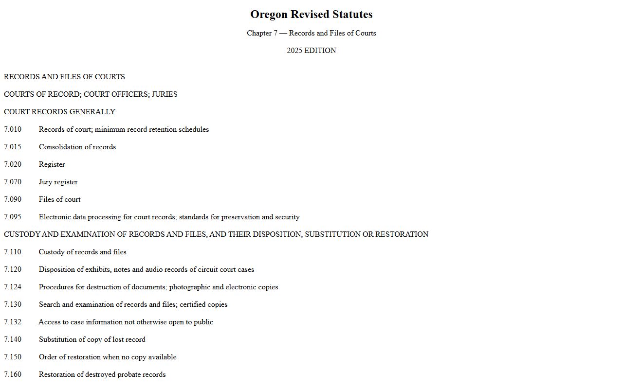 Oregon ORS chapter 7 court records law page that governs Lane County court records
