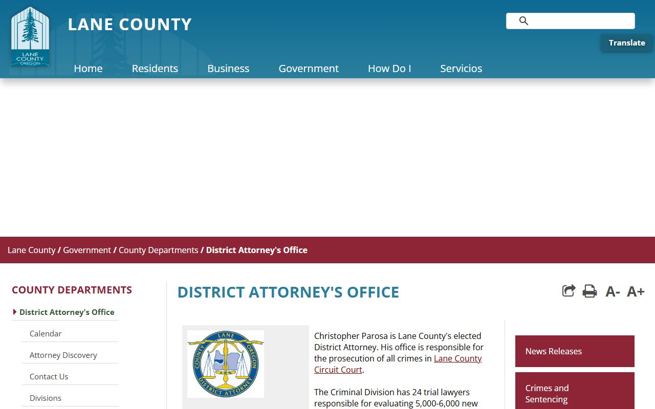 Lane County District Attorney page tied to Lane County arrest records and prosecution