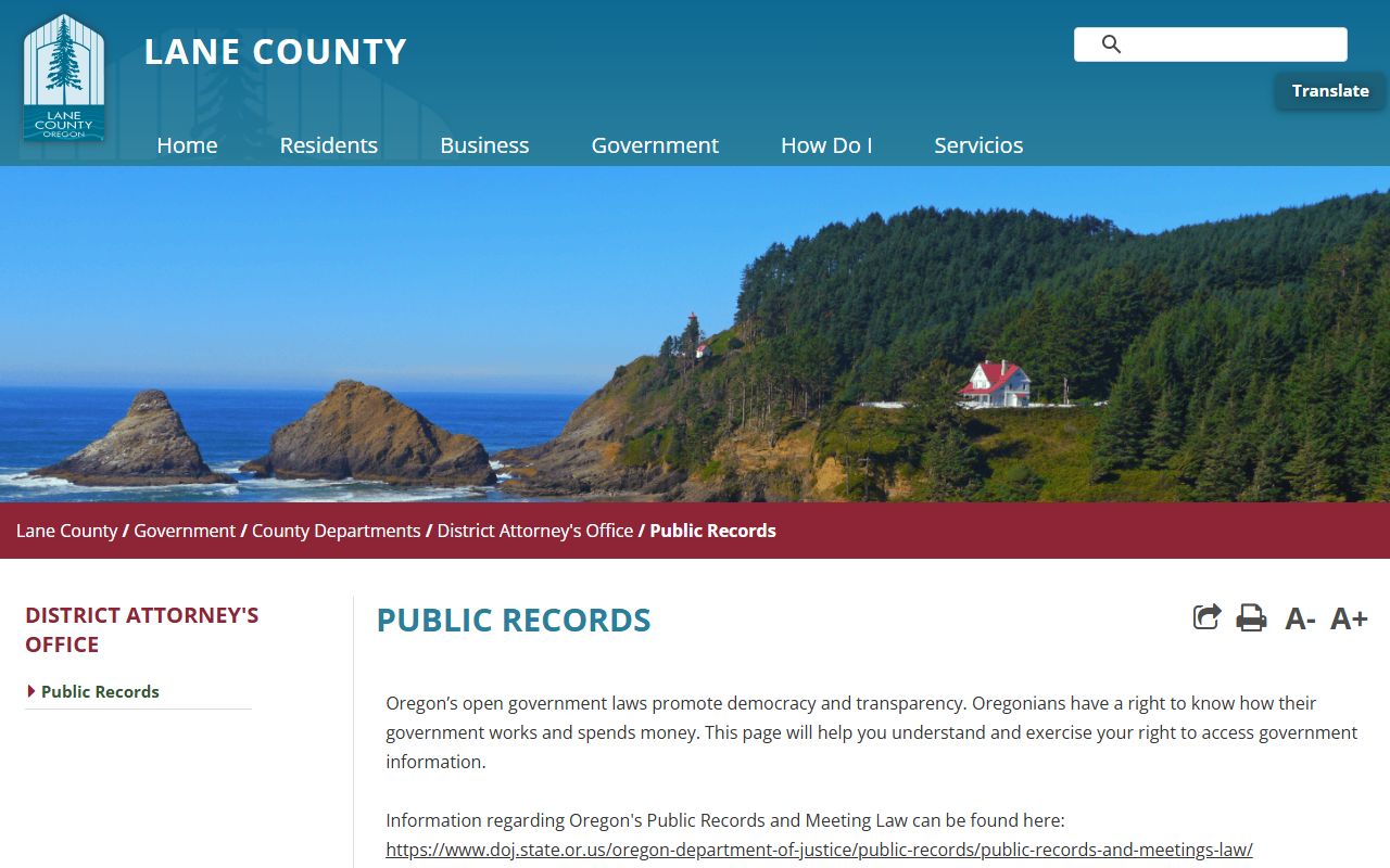 Lane County District Attorney public records page for Lane County arrest records and case files