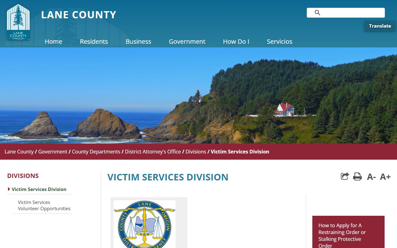 Lane County District Attorney Victim Services page connected to Lane County arrest records cases