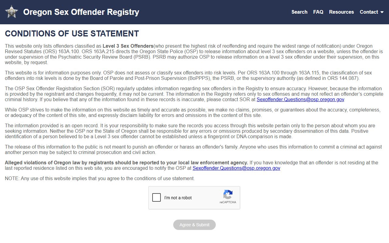 Oregon State Police sex offender registry tied to Lane County arrest records research