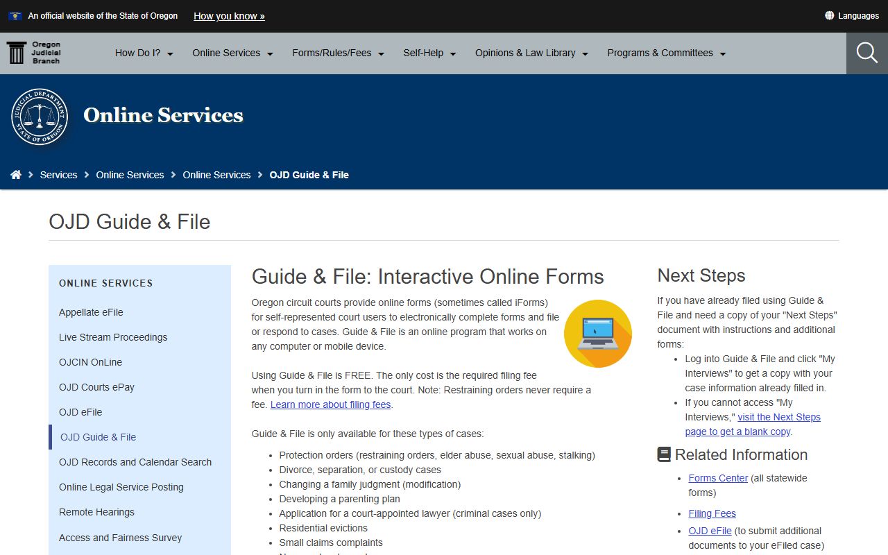 Oregon Judicial Department Guide and File interactive forms page for Lane County court records