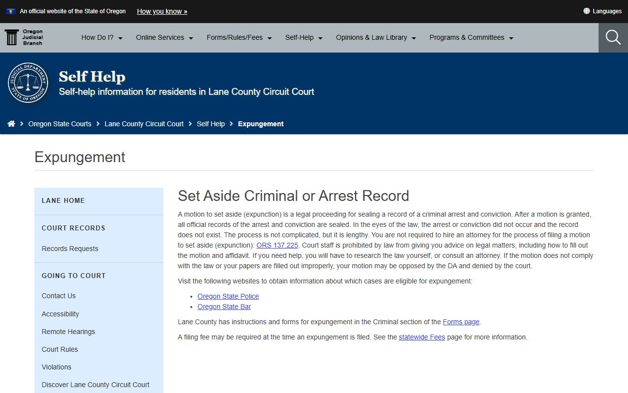 Lane County Circuit Court expungement help page for court records