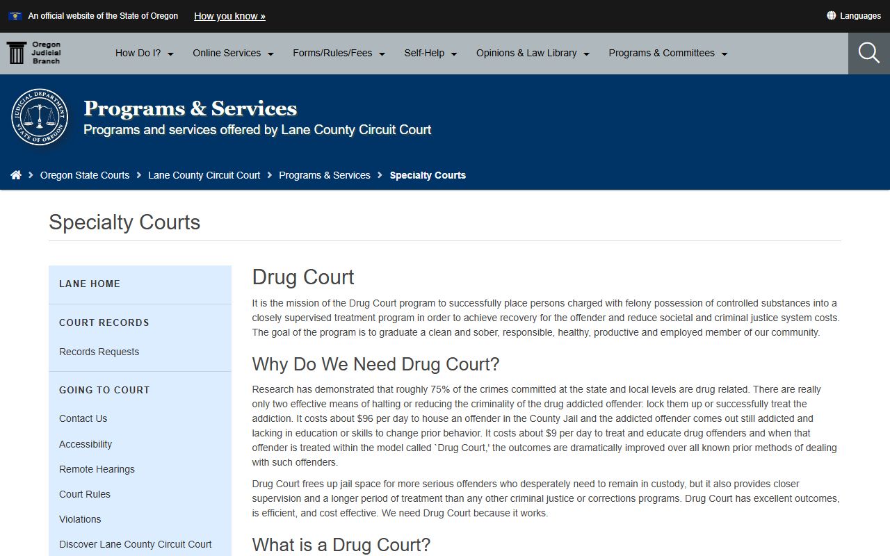 Lane County Circuit Court specialty courts page for court records