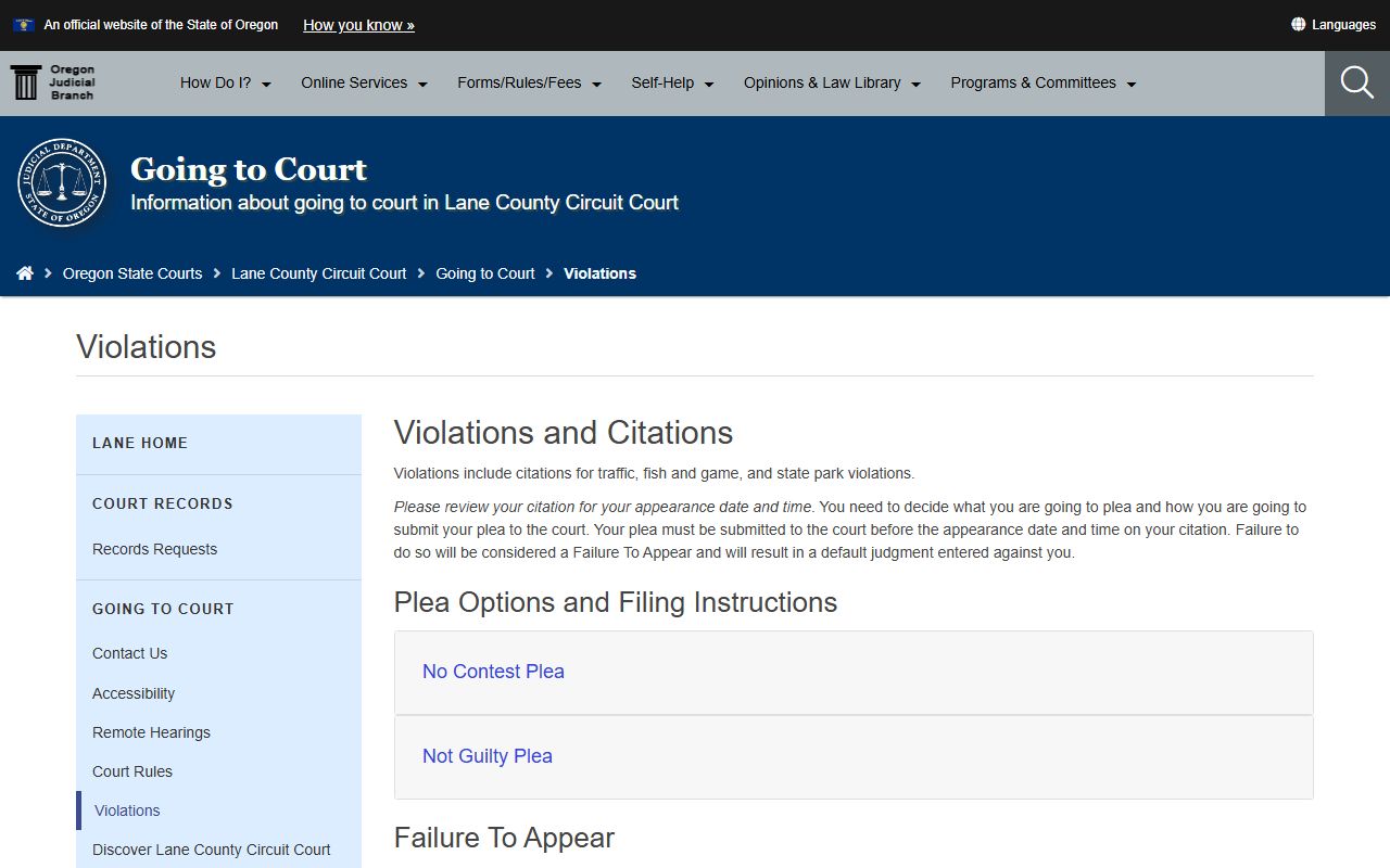 Lane County Circuit Court traffic and violations page for court records