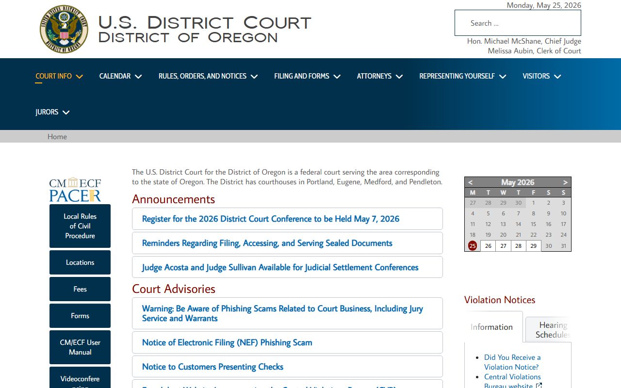 U.S. District Court for the District of Oregon site, federal source beyond Lane County court records