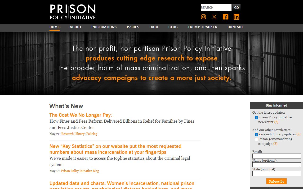 Prison Policy Initiative website with Oregon inmate population context relevant to Lane County