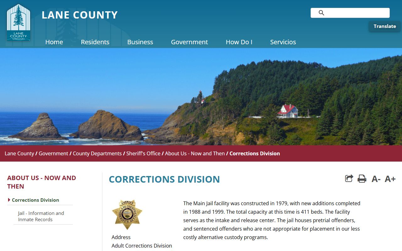 Lane County Corrections Division page with jail capacity and inmate services