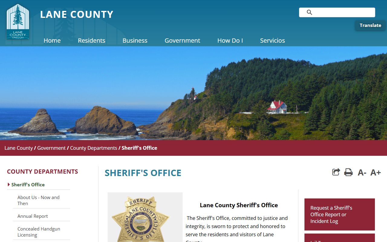 Lane County Sheriff's Office page used to reach the Lane County inmate jail roster