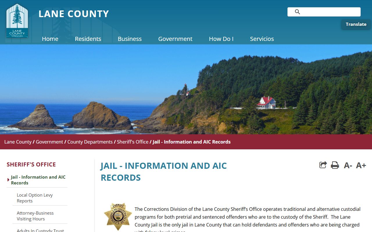 Lane County jail information and inmate records page with the AIC viewer link