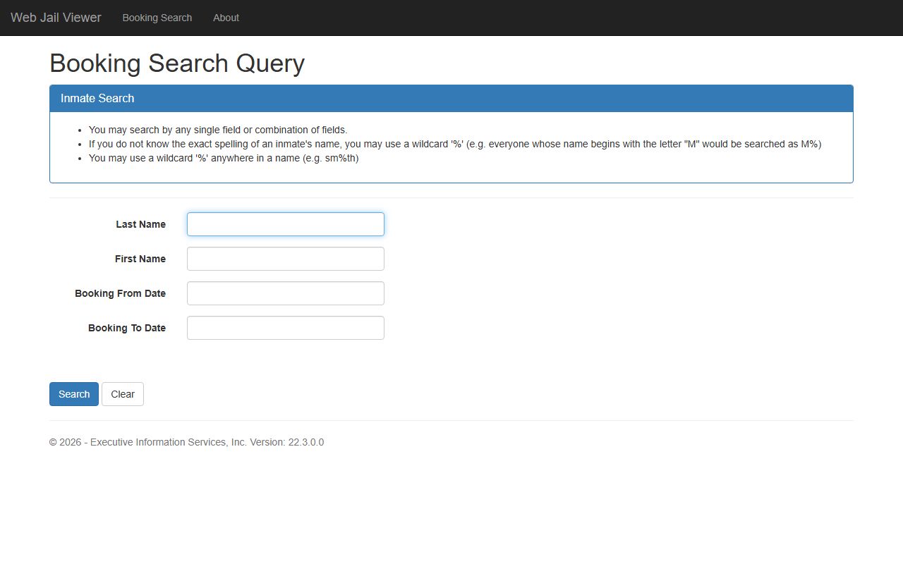 Lane County Web Jail Viewer booking search form for the inmate jail roster