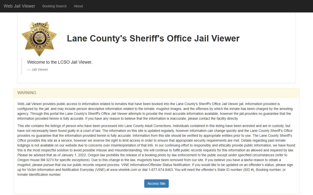 Lane County Web Jail Viewer warning page before the inmate jail roster search