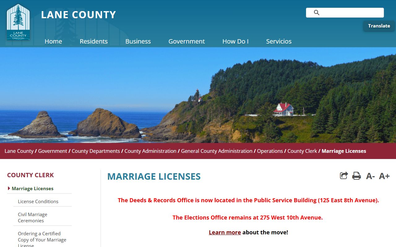Lane County marriage records and license page from the County Clerk