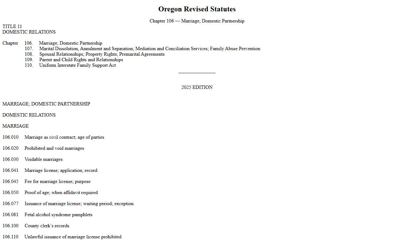 Oregon marriage law ORS chapter 106 behind Lane County marriage records