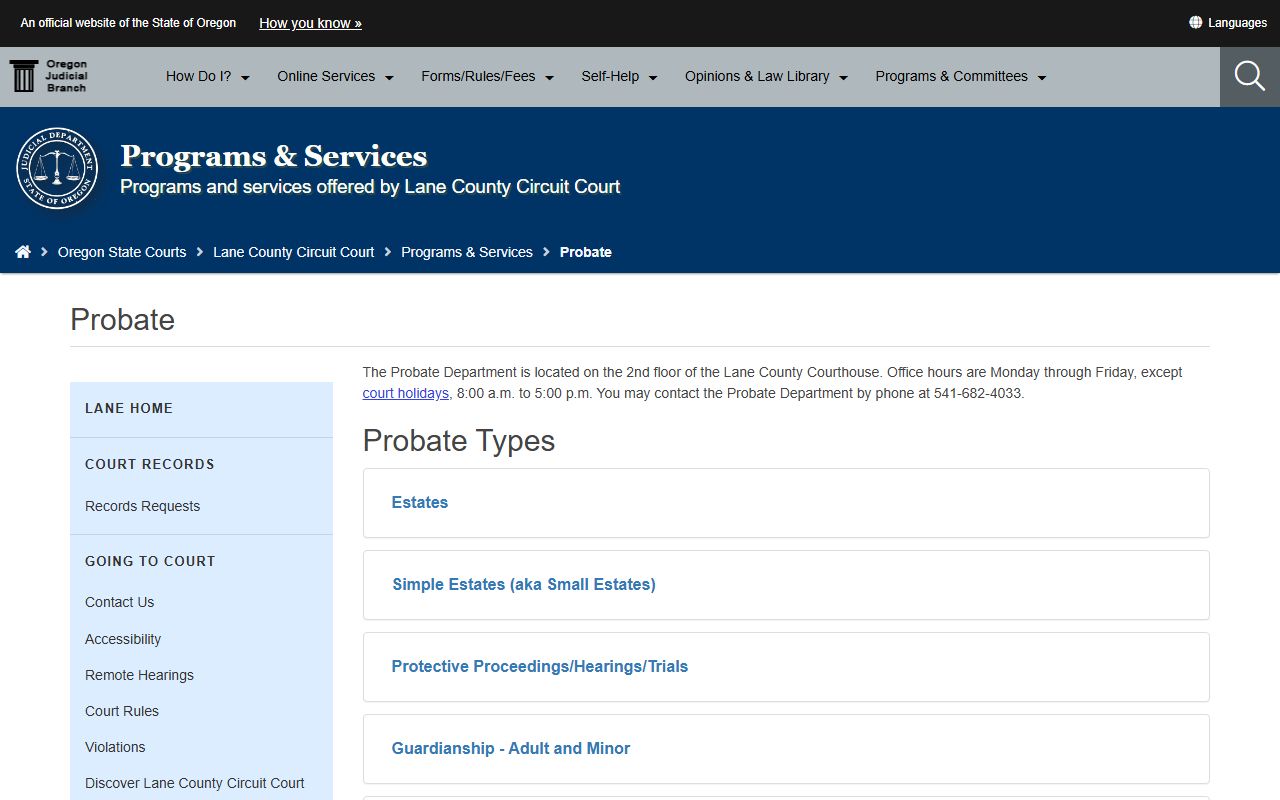 Lane County probate records department page from the Circuit Court