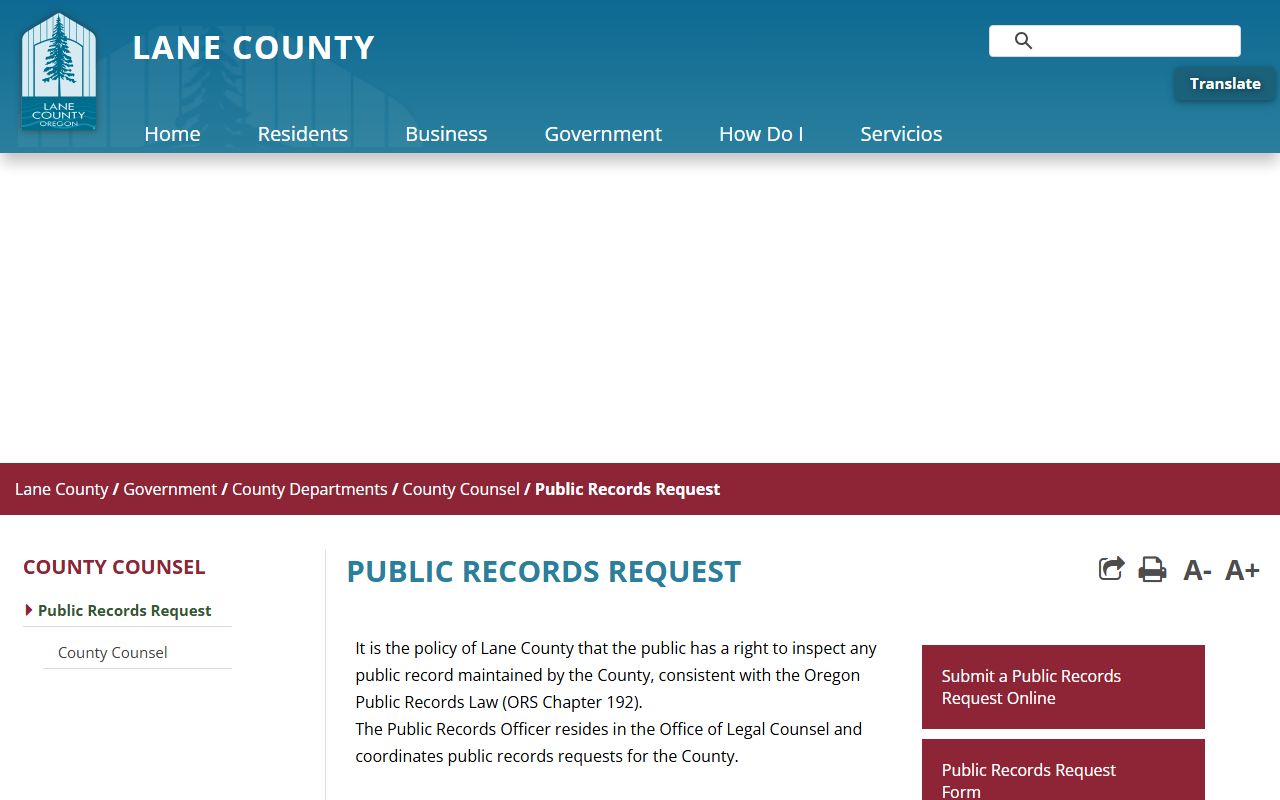 Lane County public records request page and instructions