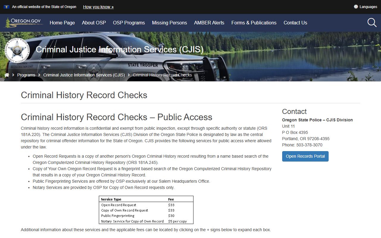 Oregon criminal history record checks page for Lane County public records