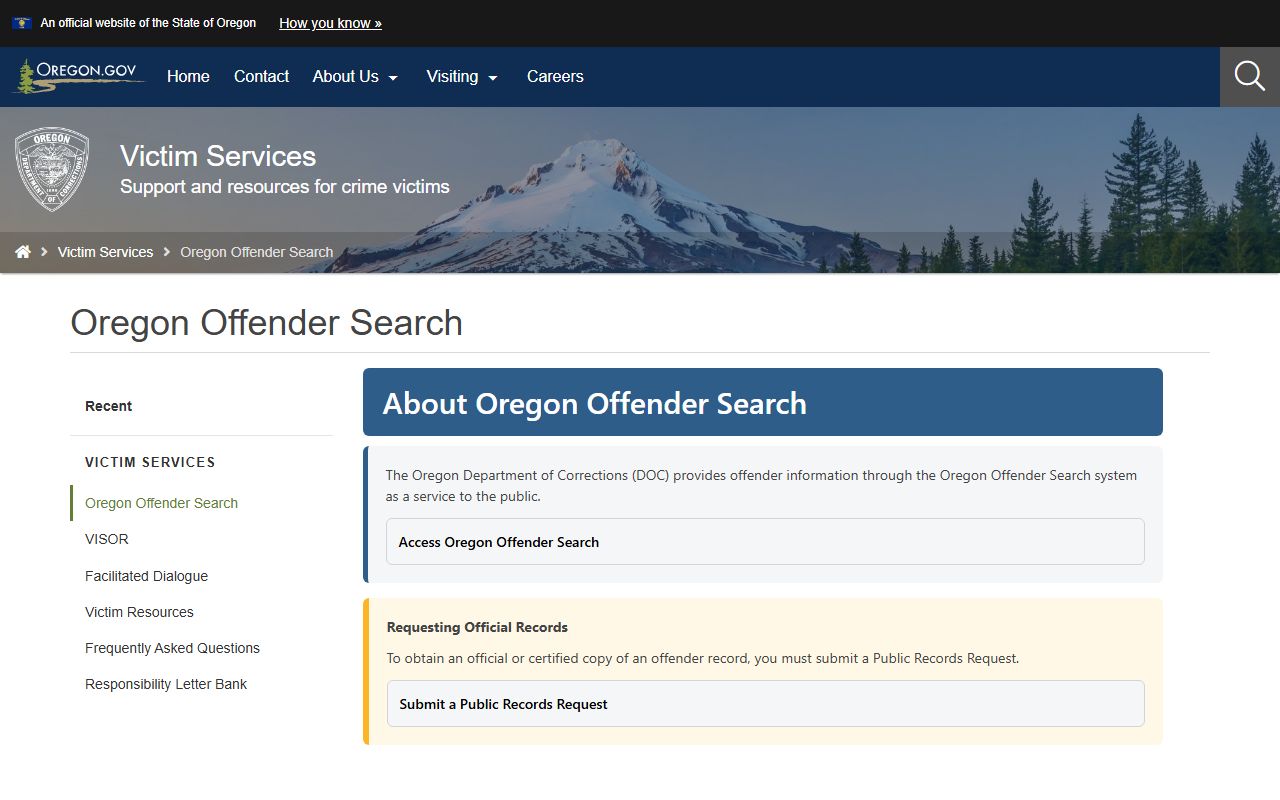 Oregon DOC offender search information page for Lane County released inmates