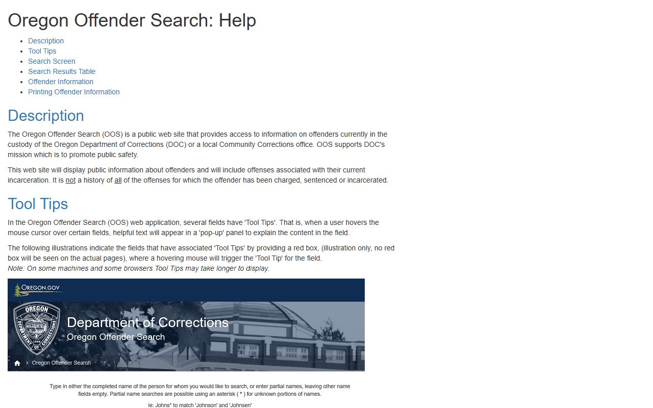 Oregon DOC offender search help page for Lane County released inmates lookups