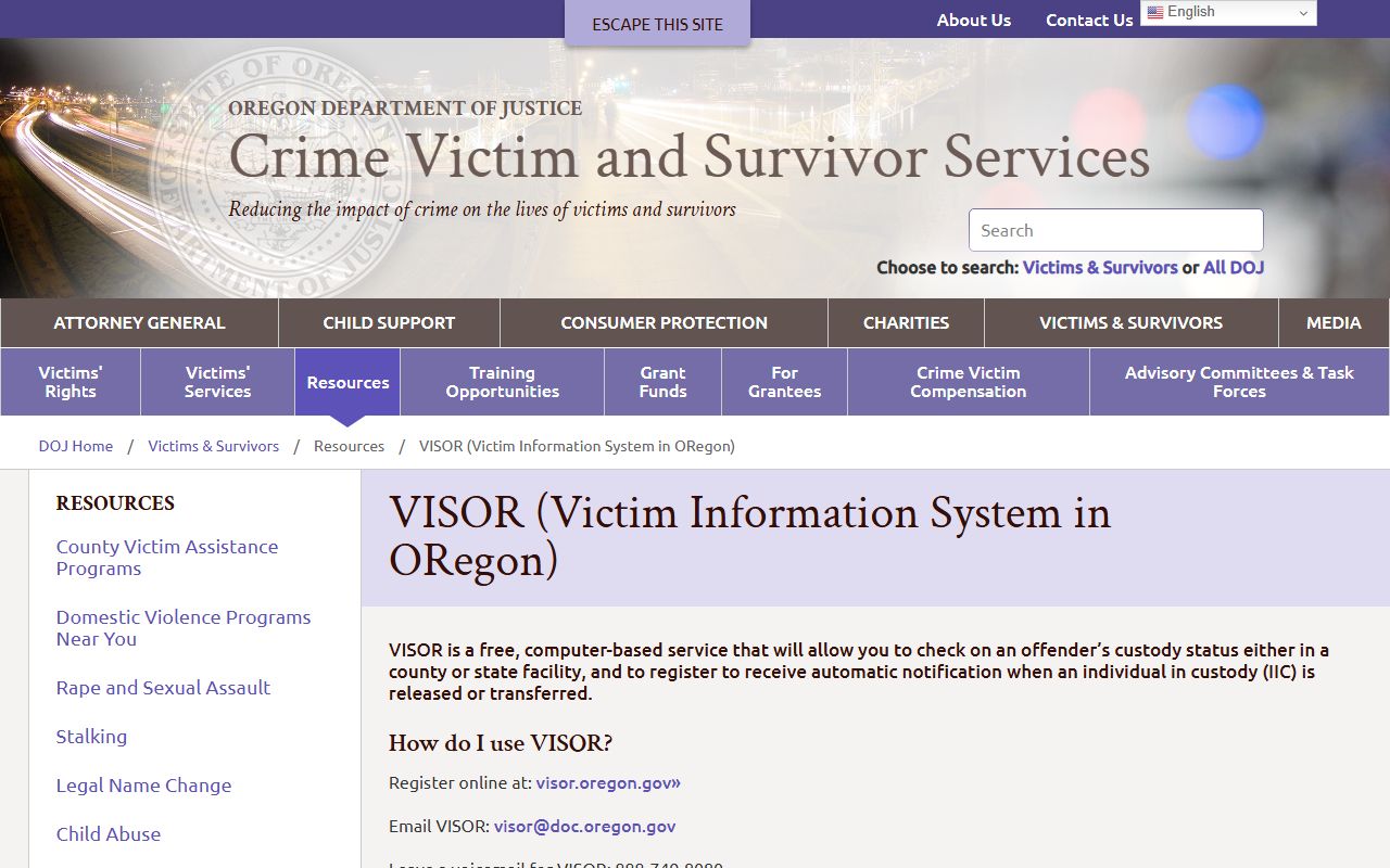 Oregon DOJ VINE and VISOR page for Lane County released inmates notification