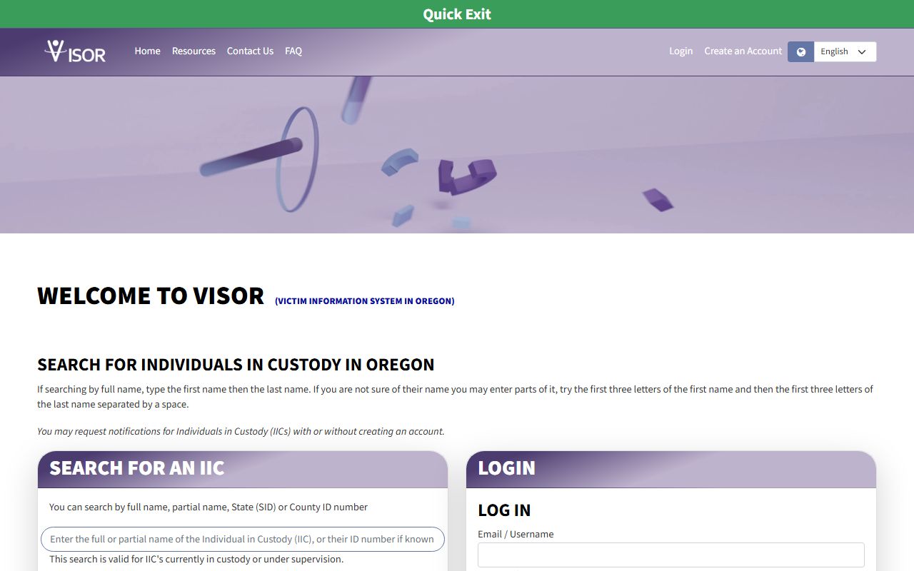 VISOR custody notification portal used for Lane County released inmates alerts