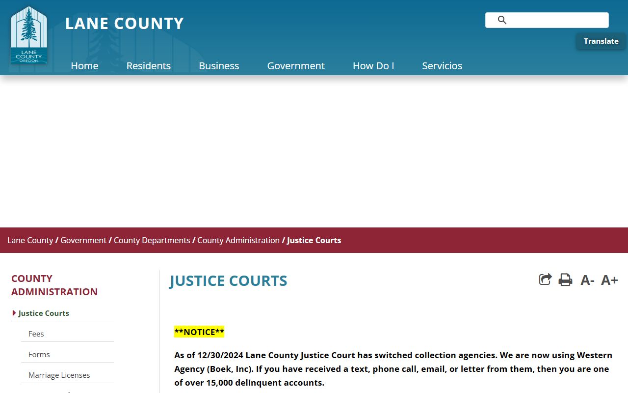 Lane County Justice Court fees page used for Lane County traffic court records