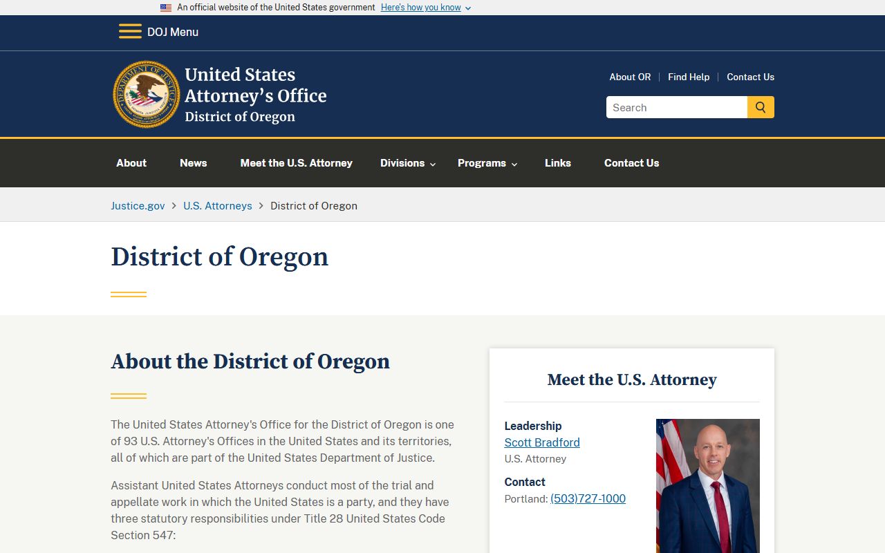 U.S. Attorney's Office District of Oregon website relevant to federal warrants in Lane County